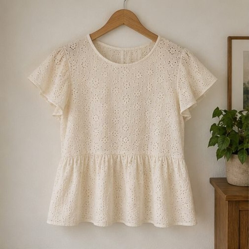 Cream Eyelet Peplum Blouse